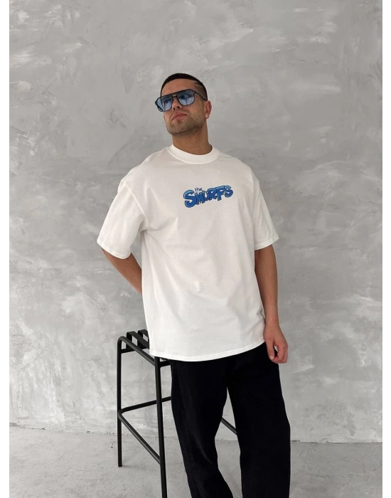 Ön ve Arka Baskılı Oversize Bisiklet Yaka T-shirt- Beyaz