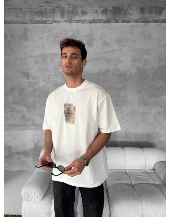 Ön ve Arka Baskılı Oversize Bisiklet Yaka T-shirt - Beyaz