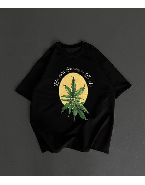 Ön ve Arka Baskılı Oversize Bisiklet Yaka T-shirt- Siyah