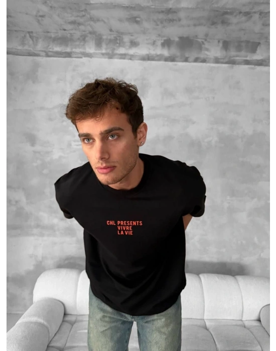 Ön ve Arka Baskılı Oversize Bisiklet Yaka T-shirt- Siyah