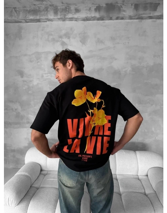 Ön ve Arka Baskılı Oversize Bisiklet Yaka T-shirt- Siyah