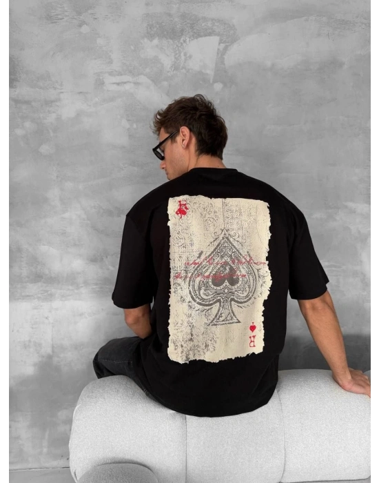 Ön ve Arka Baskılı Oversize Bisiklet Yaka T-shirt - Siyah