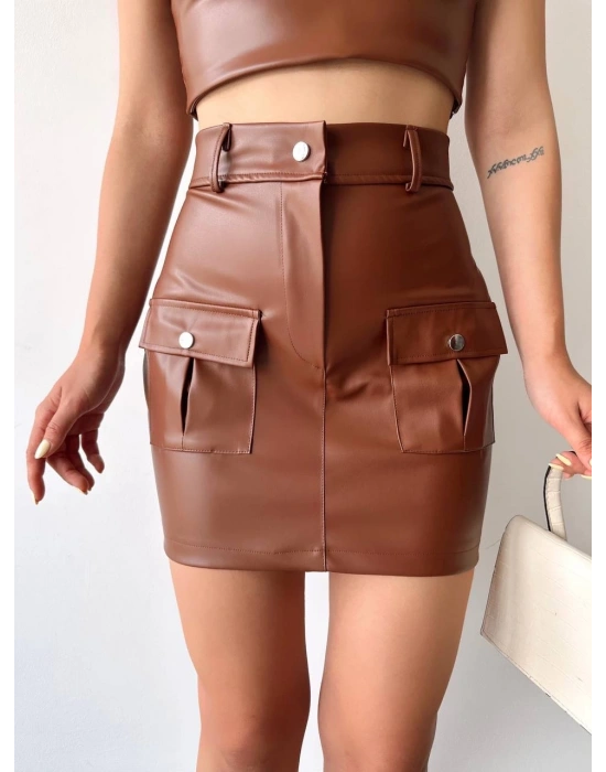 Önden iki cepli deri etek kahve h240040