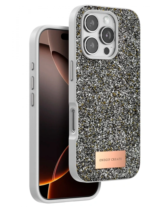 Onegif iPhone 16 Pro Bright Simli Kapak - Gümüş