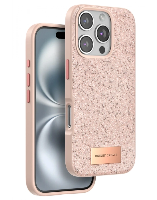 Onegif iPhone 16 Pro Max Bright Simli Kapak - Pembe