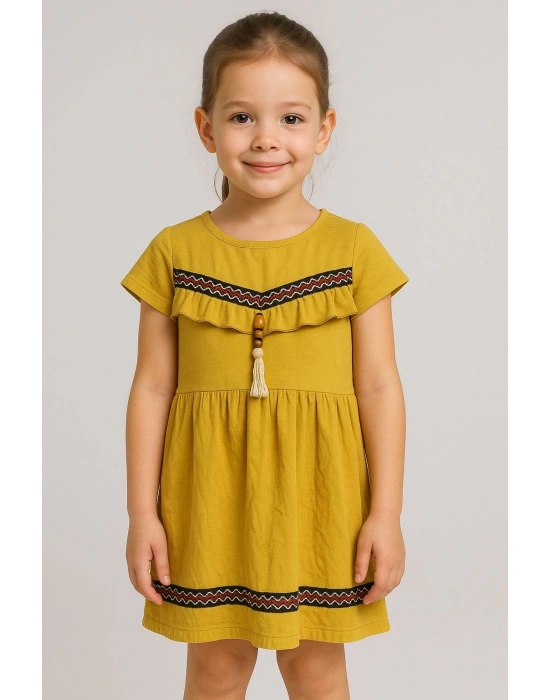 Önü püsküllü boncuk detaylı kız çocuk elbisesi hardal
