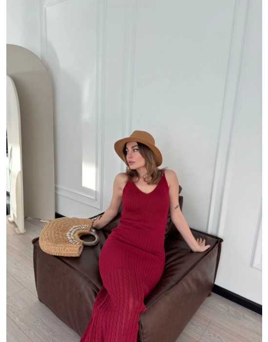 Örgülü Uzun Triko Elbise - Bordo