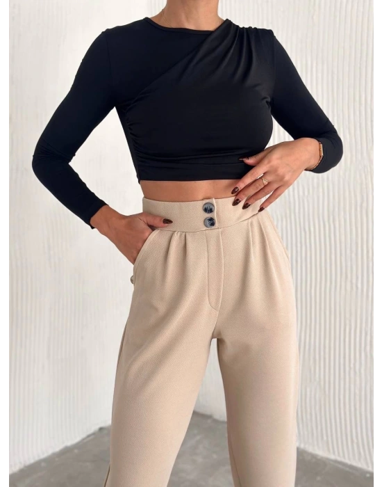 örme krep pantolon çift düğmeli