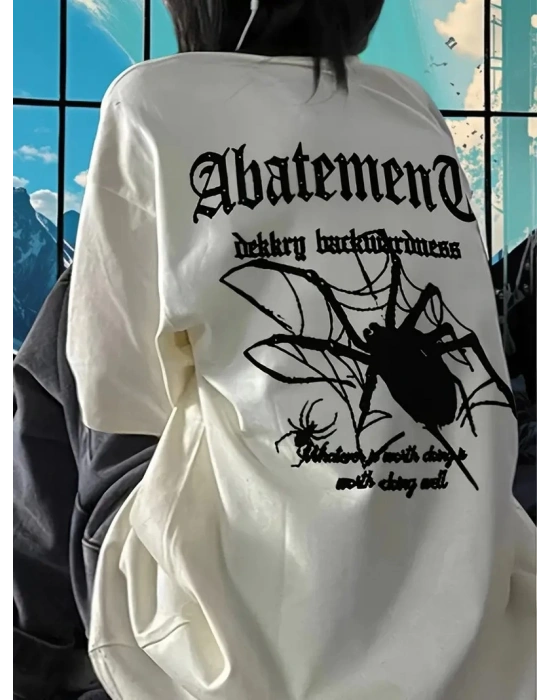 Örümcek Ağı Desenli Baskılı Oversize Bisiklet Yaka T-shirt  - Beyaz