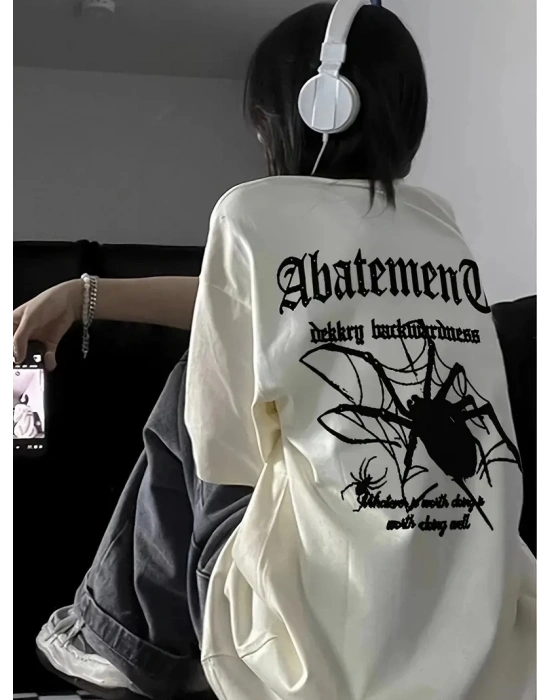 Örümcek Ağı Desenli Baskılı Oversize Bisiklet Yaka T-shirt  - Beyaz