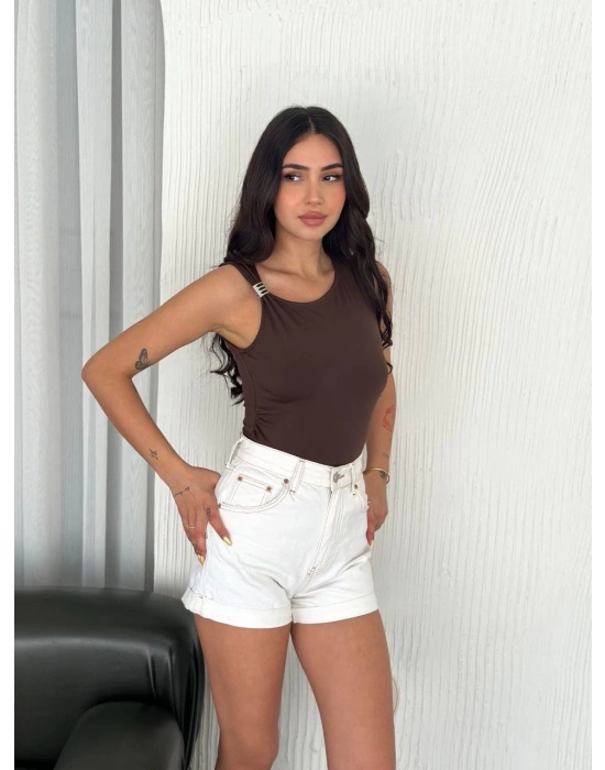 Osy Modal Yumuşak Dokulu Kumaş Bisiklet Yaka Kadın Sıfır Kol Bluz Omuz Toka Aksesuar Detaylı - Kahverengi