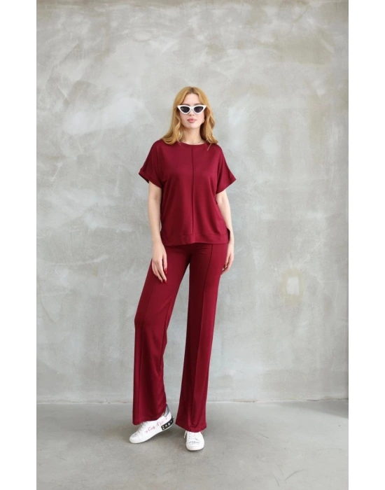 Osy Modal Yumuşak dokulu Kumaş Bisiklet Yaka Kısa Kollu Takım - Bordo