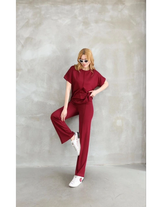 Osy Modal Yumuşak dokulu Kumaş Bisiklet Yaka Kısa Kollu Takım - Bordo