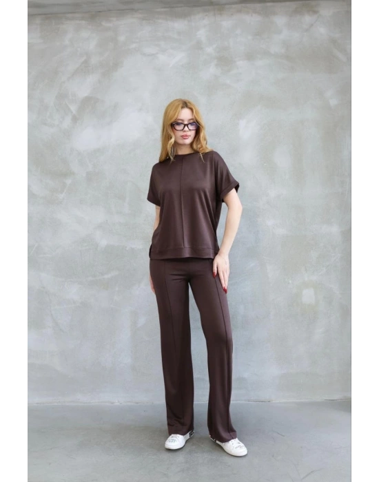 Osy Modal Yumuşak dokulu Kumaş Bisiklet Yaka Kısa Kollu Takım - Kahverengi