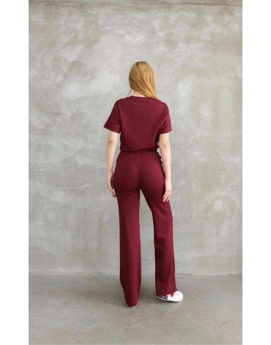 Osy Modal Yumuşak dokulu Kumaş Bisiklet Yaka Parçalı detaylı Kısa Kollu Takım - Bordo