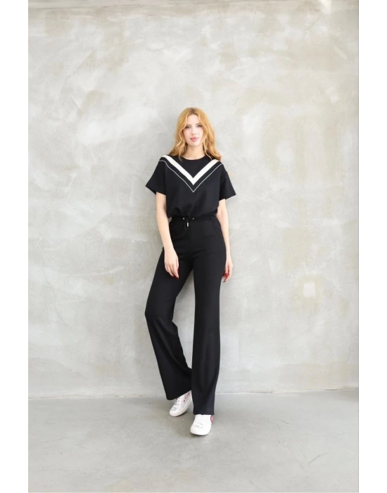 Osy Modal Yumuşak dokulu Kumaş Bisiklet Yaka Parçalı detaylı Kısa Kollu Takım - Siyah
