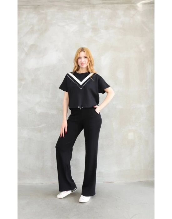 Osy Modal Yumuşak dokulu Kumaş Bisiklet Yaka Parçalı detaylı Kısa Kollu Takım - Siyah