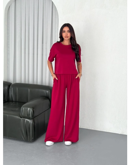 Osy Modal Yumuşak Dokulu Kumaş Bisiklet Yaka T-shirt Bol paça Pantalon ikili Takım -Bordo