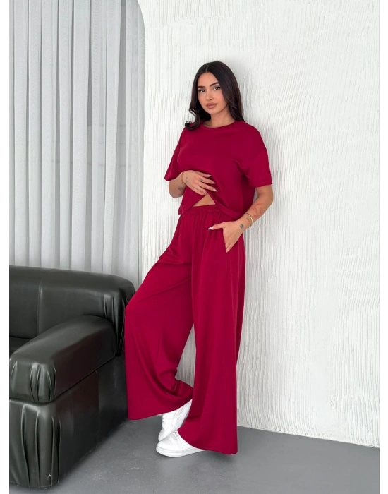 Osy Modal Yumuşak Dokulu Kumaş Bisiklet Yaka T-shirt Bol paça Pantalon ikili Takım -Bordo