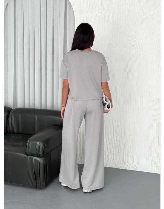 Osy Modal Yumuşak Dokulu Kumaş Bisiklet Yaka T-shirt Bol paça Pantalon ikili Takım - Boyalı Gri