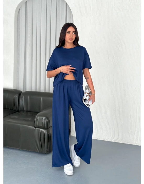 Osy Modal Yumuşak Dokulu Kumaş Bisiklet Yaka T-shirt Bol paça Pantalon ikili Takım -Saks Mavi
