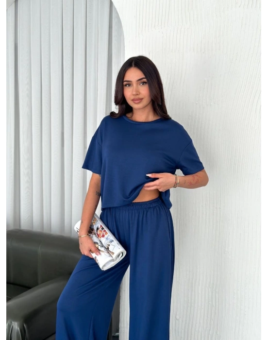 Osy Modal Yumuşak Dokulu Kumaş Bisiklet Yaka T-shirt Bol paça Pantalon ikili Takım -Saks Mavi