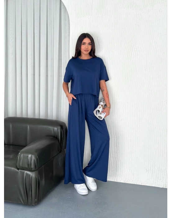 Osy Modal Yumuşak Dokulu Kumaş Bisiklet Yaka T-shirt Bol paça Pantalon ikili Takım -Saks Mavi