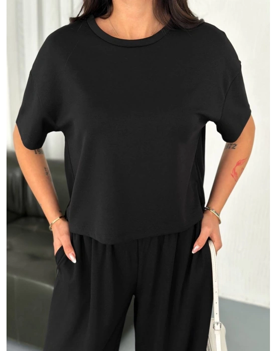 Osy Modal Yumuşak Dokulu Kumaş Bisiklet Yaka T-shirt Bol paça Pantalon ikili Takım -Siyah