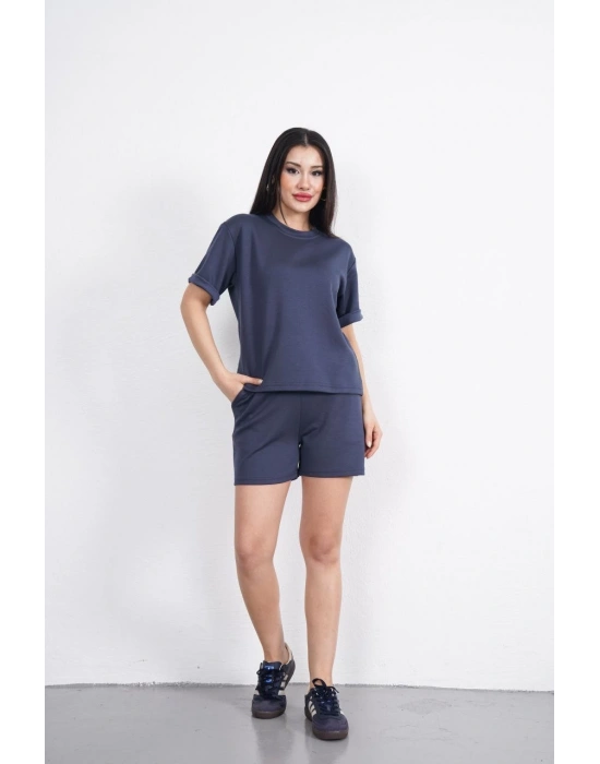 Osy Modal yumuşak dokulu Kumaş Kadın Bisiklet Yaka T-shirt Kısa Şort İkili Takım - Antrasit