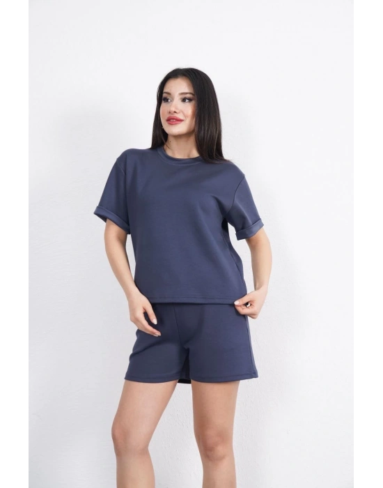 Osy Modal yumuşak dokulu Kumaş Kadın Bisiklet Yaka T-shirt Kısa Şort İkili Takım - Antrasit