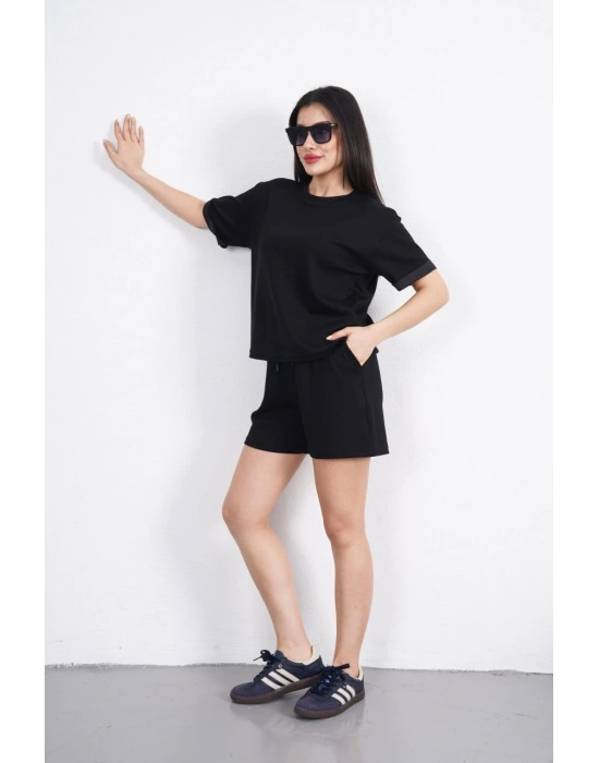 Osy Modal yumuşak dokulu Kumaş Kadın Bisiklet Yaka T-shirt Kısa Şort İkili Takım - Siyah