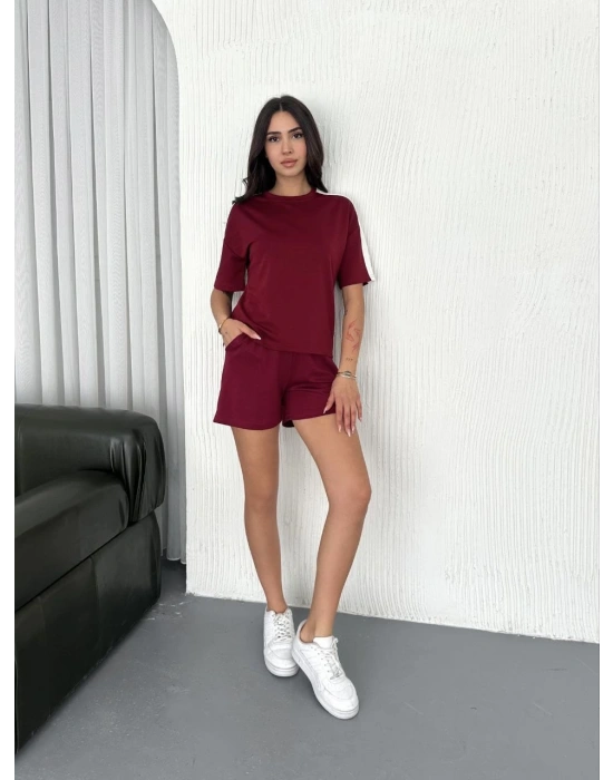 Osy Modal yumuşak dokulu Kumaş Kadın Parçalı Bisiklet Yaka T-shirt Kısa Şort İkili Takım - Bordo