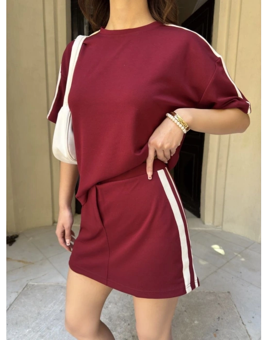 Osy Modal yumuşak dokulu Kumaş Kadın Parçalı Bisiklet Yaka T-shirt Mini Şortlu Etek İkili Takım -Bordo