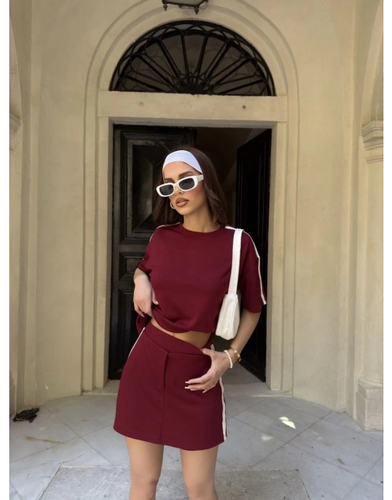 Osy Modal yumuşak dokulu Kumaş Kadın Parçalı Bisiklet Yaka T-shirt Mini Şortlu Etek İkili Takım -Bordo