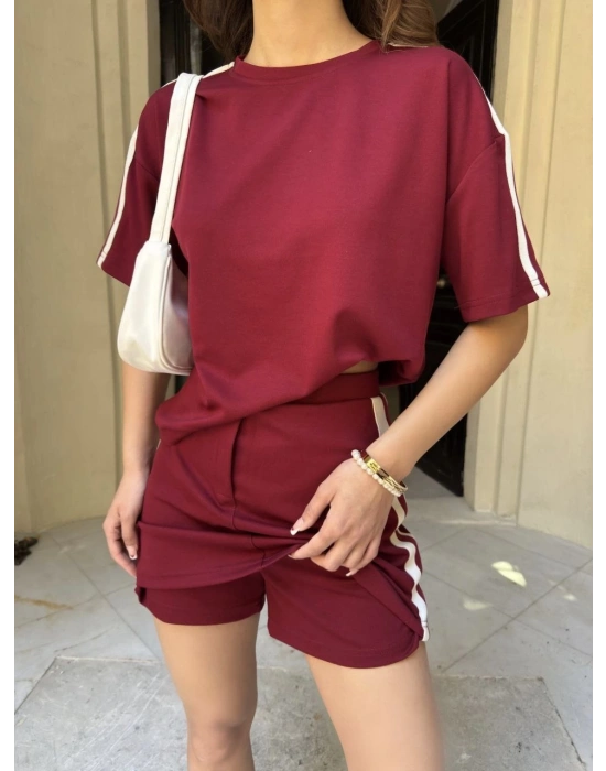 Osy Modal yumuşak dokulu Kumaş Kadın Parçalı Bisiklet Yaka T-shirt Mini Şortlu Etek İkili Takım -Bordo