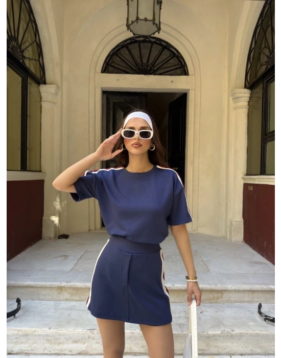 Osy Modal yumuşak dokulu Kumaş Kadın Parçalı Bisiklet Yaka T-shirt Mini Şortlu Etek İkili Takım -Lacivert