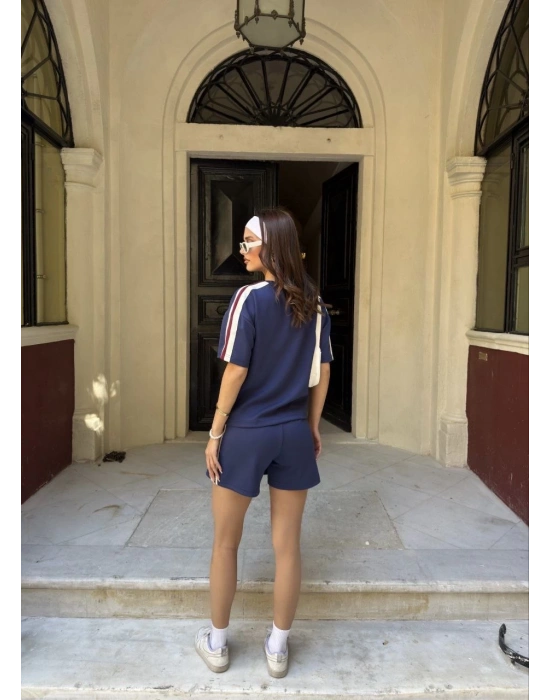 Osy Modal yumuşak dokulu Kumaş Kadın Parçalı Bisiklet Yaka T-shirt Mini Şortlu Etek İkili Takım -Lacivert