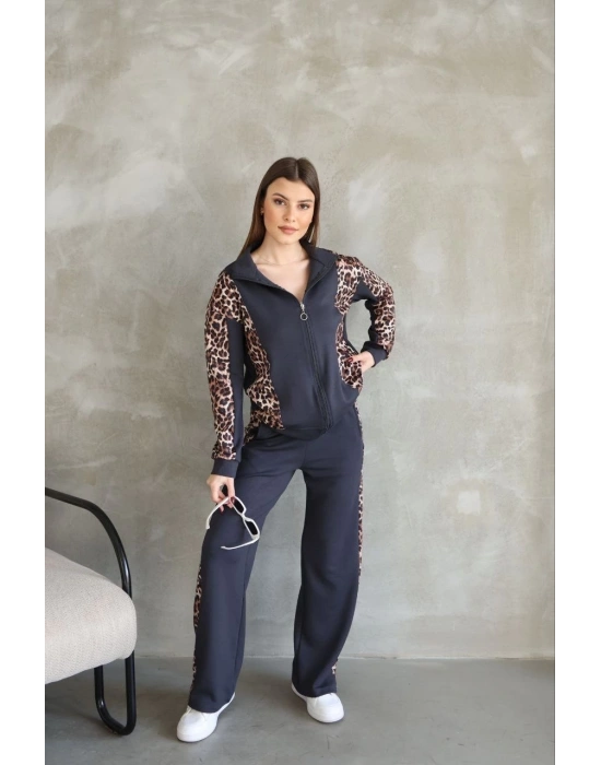 Osy Modal Yumuşak Dokulu Kumaş Kapüşonlu Leopar Desenli Fermuarlı Takım - Antrasit