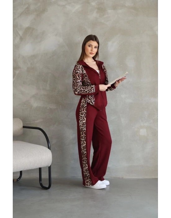 Osy Modal Yumuşak Dokulu Kumaş Kapüşonlu Leopar Desenli Fermuarlı Takım - Bordo