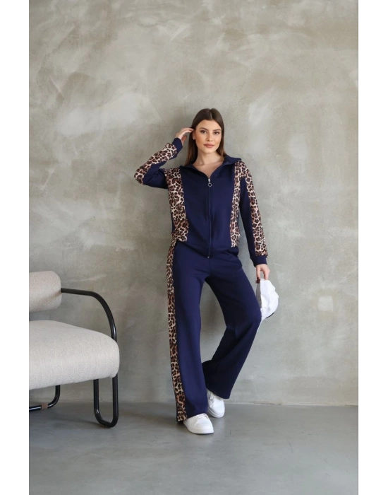 Osy Modal Yumuşak Dokulu Kumaş Kapüşonlu Leopar Desenli Fermuarlı Takım - Lacivert