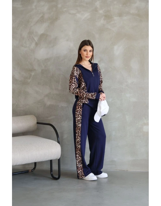 Osy Modal Yumuşak Dokulu Kumaş Kapüşonlu Leopar Desenli Fermuarlı Takım - Lacivert