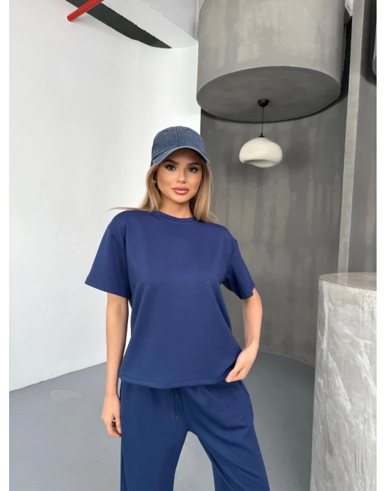 Osy Modal Yumuşak Dokulu Kumaş Kısa Kollu Bluz Rahat Pantalon ikili Takım- Lacivert