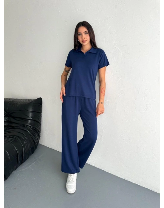Osy Modal Yumuşak Dokulu Kumaş Kısa Kollu Yakalı T-shirt Pantalon ikili Takım- Lacivert