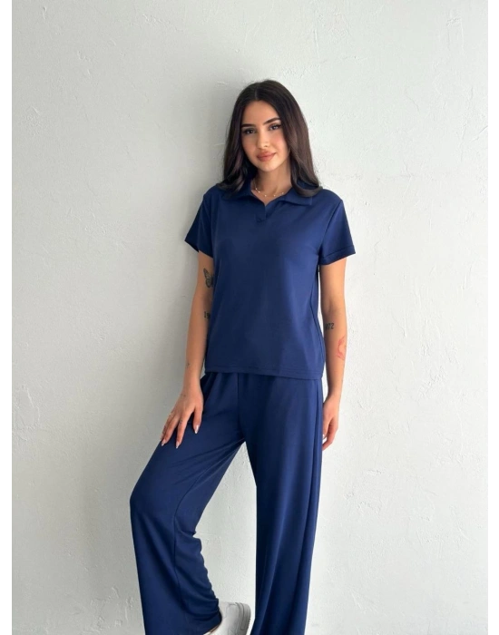 Osy Modal Yumuşak Dokulu Kumaş Kısa Kollu Yakalı T-shirt Pantalon ikili Takım- Lacivert