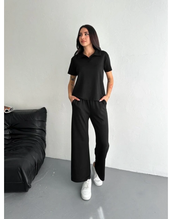 Osy Modal Yumuşak Dokulu Kumaş Kısa Kollu Yakalı T-shirt Pantalon ikili Takım- Siyah