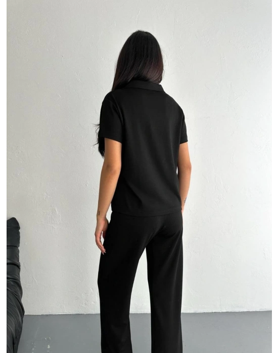 Osy Modal Yumuşak Dokulu Kumaş Kısa Kollu Yakalı T-shirt Pantalon ikili Takım- Siyah