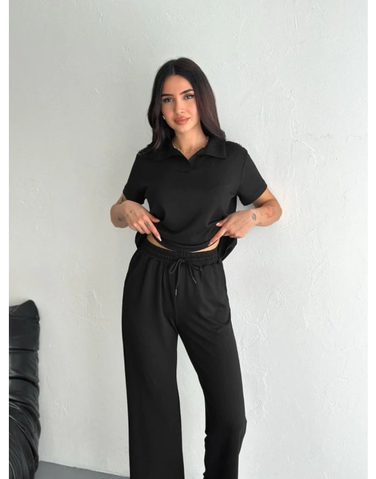 Osy Modal Yumuşak Dokulu Kumaş Kısa Kollu Yakalı T-shirt Pantalon ikili Takım- Siyah