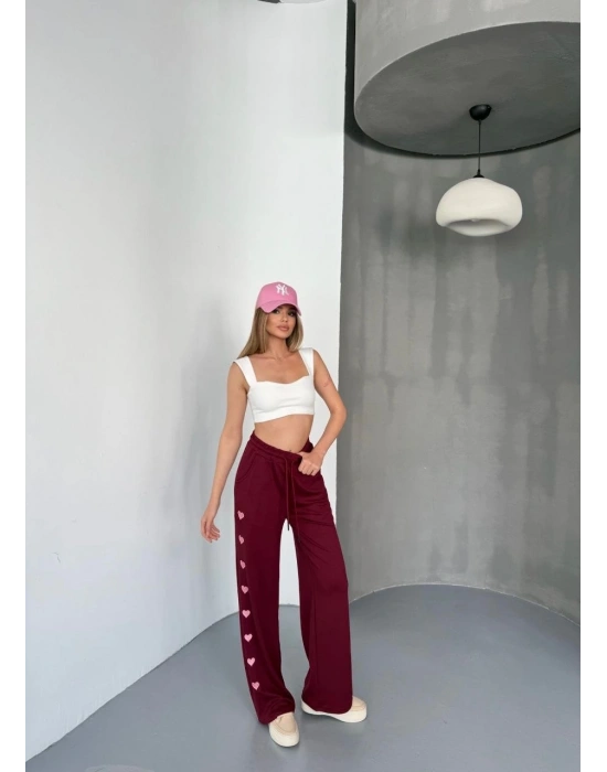 Osy Modal Yumuşak Dokulu Kumaş Nakış işlemeli Rahat Bol Paça Eşofman Pantalon - Bordo