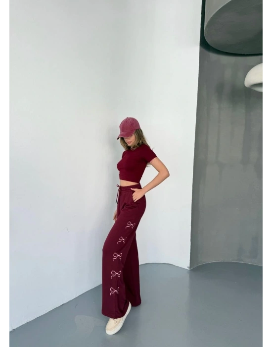 Osy Modal Yumuşak Dokulu Kumaş Nakış işlemeli Rahat Bol Paça Eşofman Pantalon - Bordo