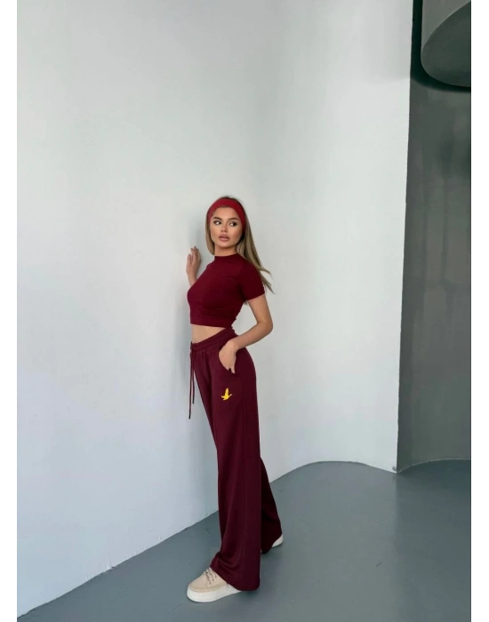 Osy Modal Yumuşak Dokulu Kumaş Nakış işlemeli Rahat Bol Paça Eşofman Pantalon - Bordo